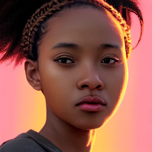 Image similar to a photorealistic hyperrealistic, bright brown eyes, light skinned african young girl, ponytail hair, flawless face, asian eyes, cute face, black turtle neck shirt, by wlop, artgerm, greg rutwoski, alphonse mucha, beautiful dynamic dramatic low - light moody lighting, cinematic atmosphere, artstation, concept design art, octane render, 8 k