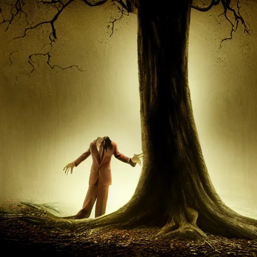 Prompt: hyper realistic horror photo of a pale, wide - eyed vampire crawling from a hole beneath a tree, cinematic, night