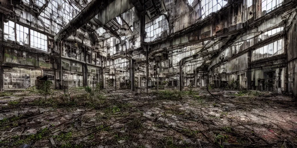 Prompt: urban exploration, abandoned places, urban decay, old factory, rundown industrial area, urban exploration photography, overgrown factory, disused power plant