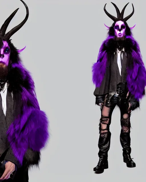 Image similar to Jared Leto with Wolf Eyes, goat ears, and purple fur, wearing Haider Ackerman, Rick Baker Style makeup, photo-real, Artstation, in the style of Annie Leibovitz