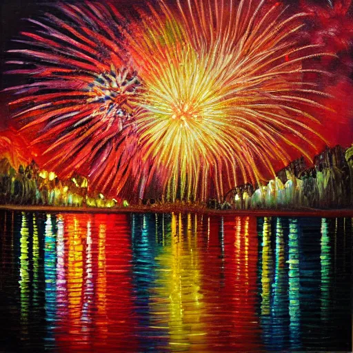 Prompt: When the fireworks are in full bloom by oil painting