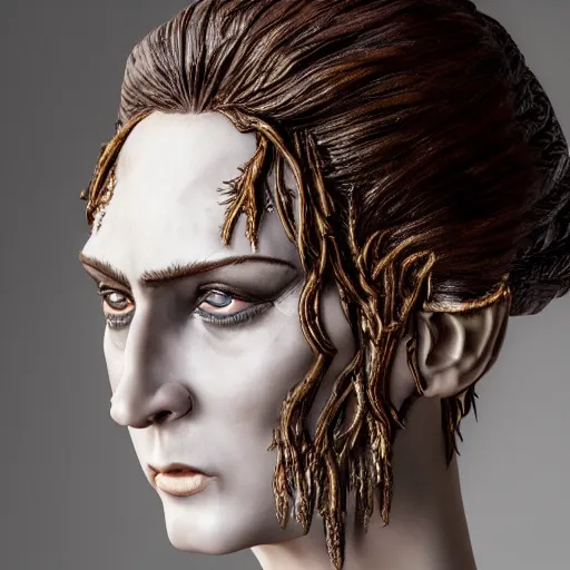 Image similar to photo taken of an epic intricate, ultra detailed, super realistic bust of a majestic gracious regal aristocratic brunette female vampire created by weta workshop, menacing, some zoomed in shots, photorealistic, sharp focus, white wall, extremely cold blueish colour temperature, 3 5 mm, f 1. 4, golden ratio