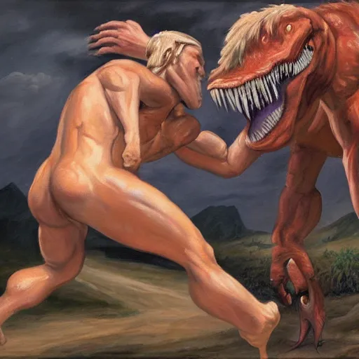 Prompt: a realistic muscular blonde neanderthal man fighting dinosaur, painting