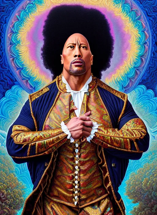 Image similar to beautiful oil painting, full length portrait of dwayne Johnson as Louis xiv in baroque coronation robes 1701, hyacinthe rigaurd , Dan Mumford, Dan Mumford, Alex grey, highly detailed , lsd visuals, dmt fractal patterns, visionary art, psychedelic art, ornate, vaporwave, baroque, Greg rutkowski