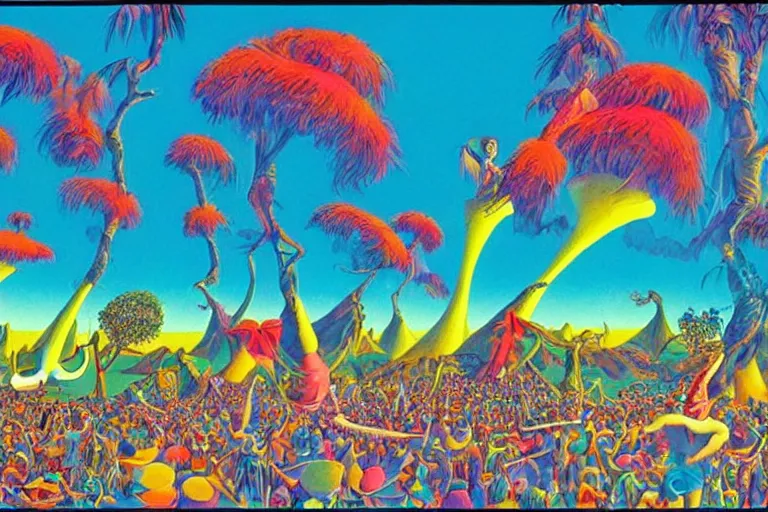 Image similar to a beautiful view of a groovypunk dance in a san francisco park, art by ron walotsky and peter max and roger dean