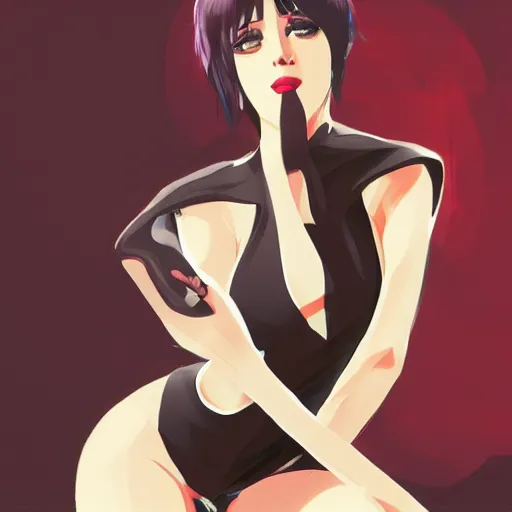 Prompt: sexy cardi b druid girl wearing a low cut tanktop and shorts, bending down slightly, hand on hips, luscious red lips, scenic view, in the style of ilya kuvshinov, 3 d, high definition anime art, gorgeous, sexy, pretty, curvacious