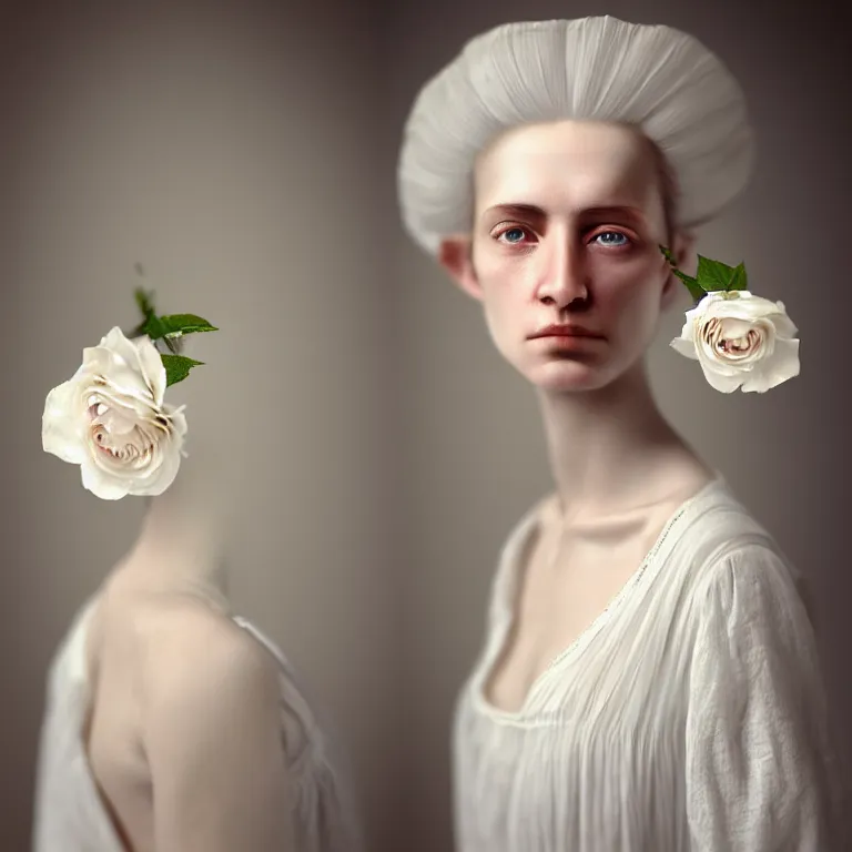 Image similar to hight focus f - 2 2, 8 5 mm, iso 1 0 0 : a wonderful realistic focused face portrait of a lonely woman with a detailed wonderful symmetrical face who is dressed with a wonderful, majestic, large semi transparent white cotton dress ornate with semi transparent cotton roses, no arms visible, dramatic light, octane render, by roberto ferri style