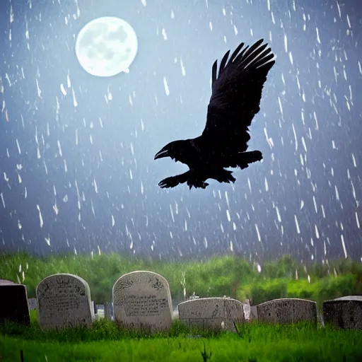 Image similar to a raven flying over the tombstone at rainy night with full moon, rain, clouds, tall trees, diffused blue glow