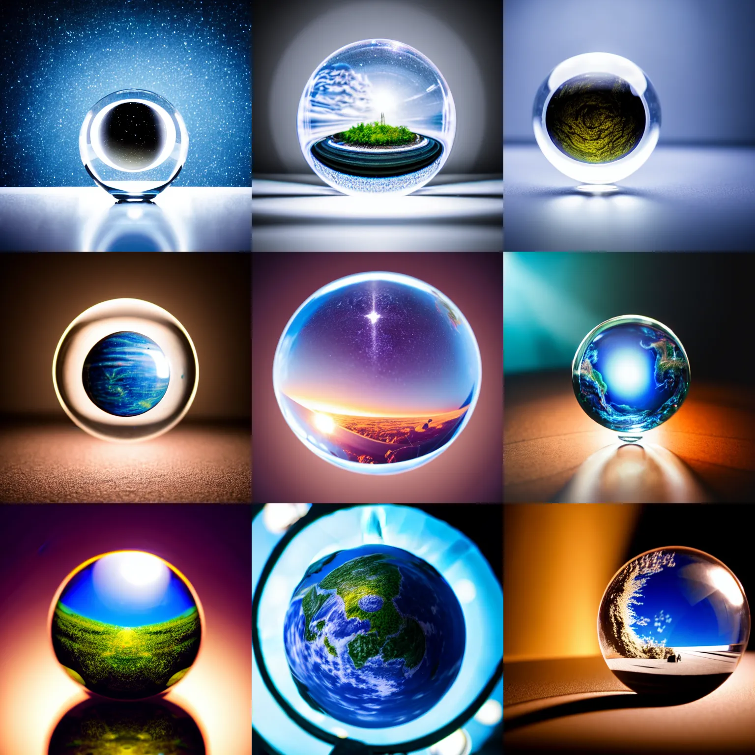 Prompt: studio photo of a miniature planet inside a crystal ball, centered on a table, studio lighting, photorealistic, 8 k