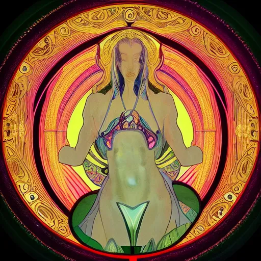 Image similar to “ beautiful extraterrestrial woman goddess standing in a style of Alphonse Mucha, fractals, alien forms, organic, 8k”