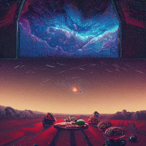 Image similar to a detailed and serene milky way and exploding nebulas made out of fantastic hamburgers in gallerie by James Ryman , dan Mumford, beeple, Johfra Bosschart, Stan and Jan Berenstain ,Gwen John