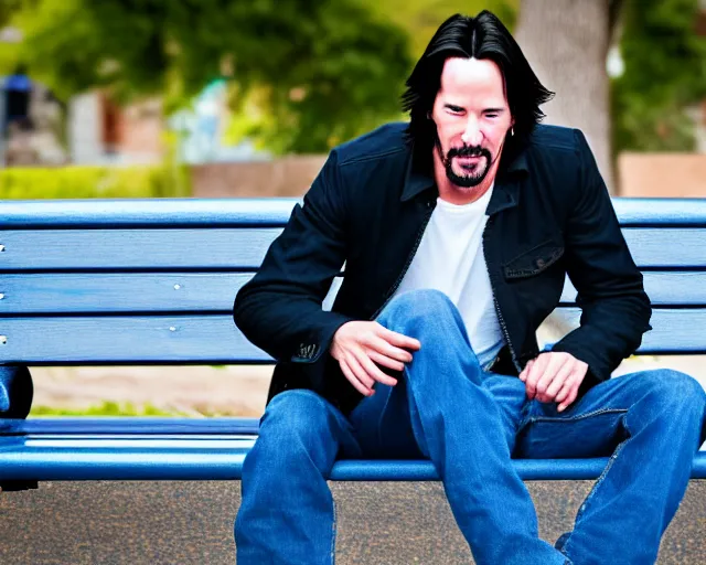 Image similar to 5 5 mm photo of happy keanu reeves in blue jeans and black jacket sitting on a bench in the street. dof. lifelike. ultra detailed. intricate. soft light. nikon d 8 5 0.