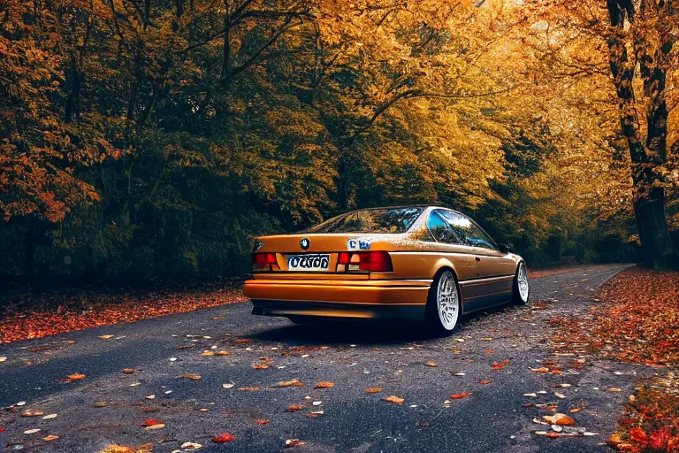 Image similar to A BMW e36 parked in a road with trees, autumn season, Epic photography, taken with a Canon DSLR camera, 150 mm, depth of field