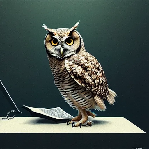 Prompt: a wise owl reviewing texts in a computer, art by greg rutkowski, intricate, elegant, highly detailed, smooth, sharp focus, artstation