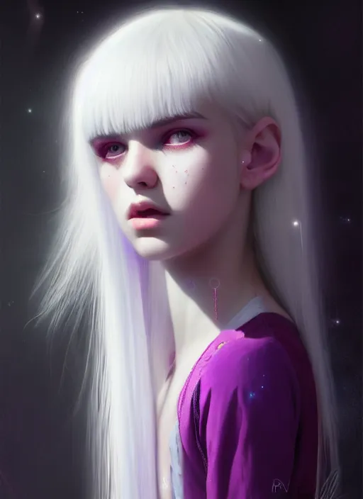 Image similar to hair whitebangs hair, white hair, whitebangsblackhair, portrait of teenage girl with white bangs, red irises, purple clothes, intricate, elegant, glowing lights, highly detailed, digital painting, artstation, concept art, sharp focus, illustration, art by wlop, mars ravelo and greg rutkowski