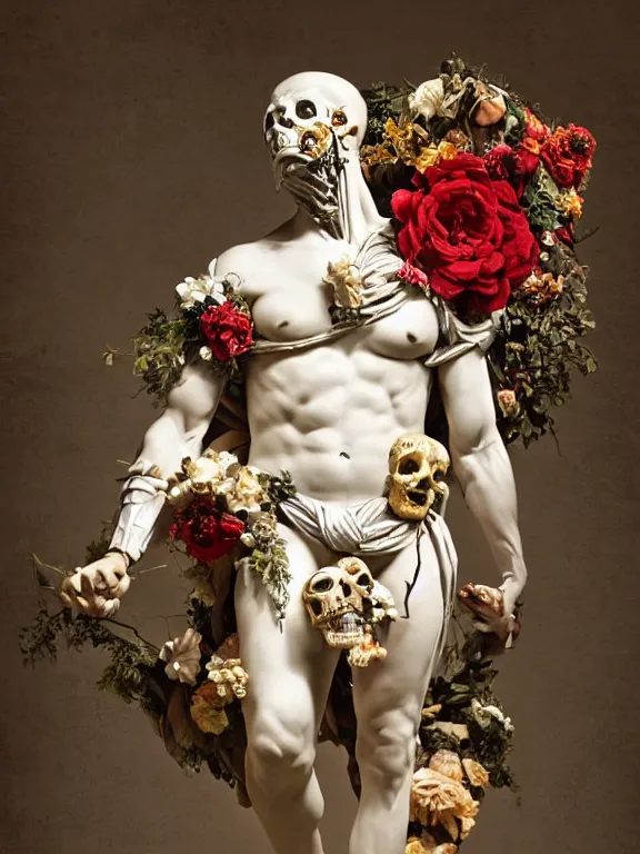Prompt: a man in the form of a Greek sculpture with a mask in the form of a skull and wreath of flowers, flowers in hands, dressed in a biomechanical dress of a demon by Roberto Ferri, stands in the pose of a super hero on a golden stone, silk, fabric, birds, flowers. red plastic. baroque elements, human skull. full-length view. baroque element. intricate artwork by caravaggio. dark background. Trending on artstation. halo. octane render, cinematic, hyper realism, octane render, 8k, depth of field, bokeh. iridescent accents. vibrant. teal and gold and red colour scheme