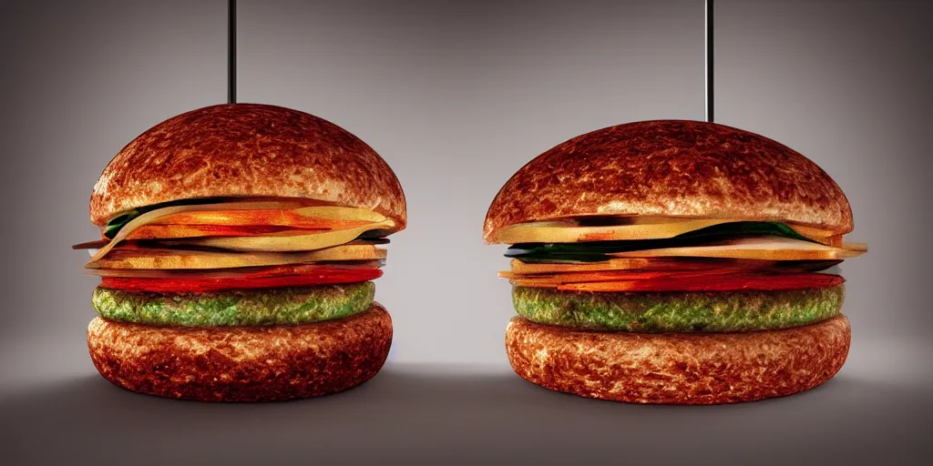 Prompt: a murano hamburger, murano, digital art, dramatic product lighting