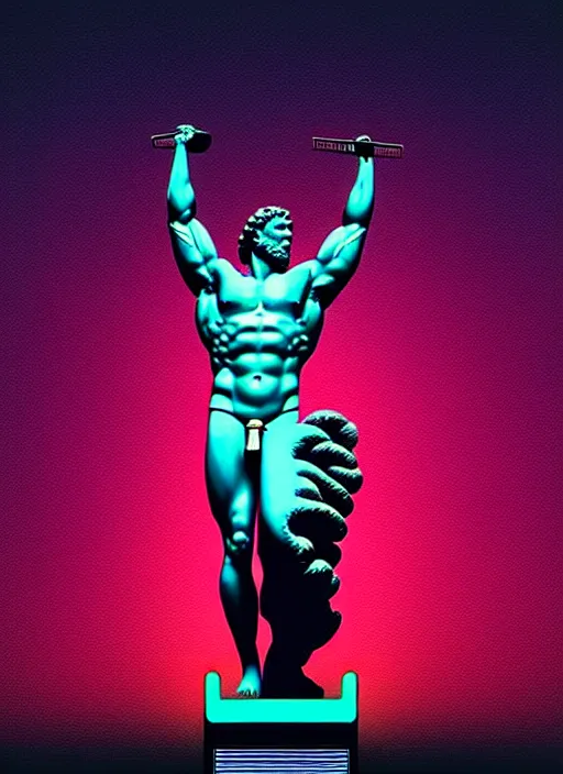 Image similar to statue of hercules, beeple, android jones, ( ( ( ( ( dan mumford ) ) ) ) ), vaporwave, retrowave, black background, neon wiring, black, glitch, strong contrast, cuts, pinterest, trending on artstation