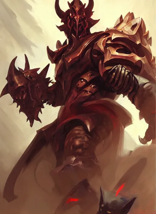 Image similar to Greg Manchess portrait painting of a demonic, devil armored character from league of legends, full shot, asymmetrical, profile picture, Organic Painting, sunny day, Matte Painting, bold shapes, hard edges, street art, cybernetic, metalic, robotic, trending on artstation, by Huang Guangjian and Gil Elvgren and Sachin Teng