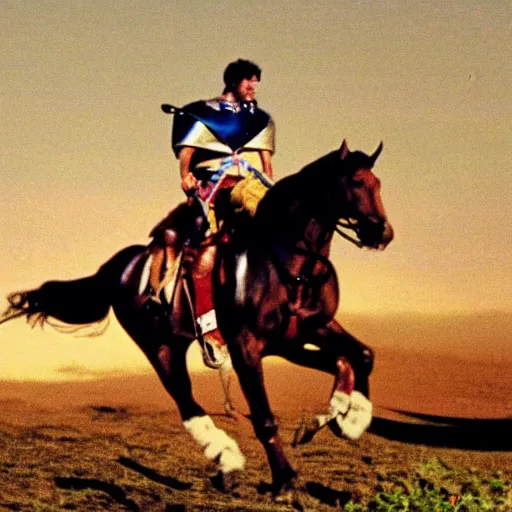 Image similar to a high - quality vhs video from 1 9 8 7 of a knight riding a horse