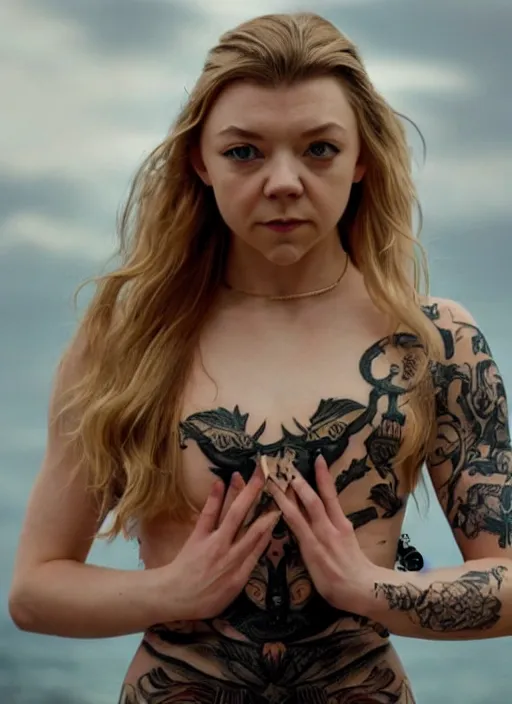 Image similar to natalie dormer wearing miniskirt with fox - tail doing a backflip, beautiful tattoos, focus, zeiss lens, detailed, symmetrical, centered, breathtaking, 8 k resolution, extremely detailed, beautiful, artistic, hyperrealistic, award - winning photography