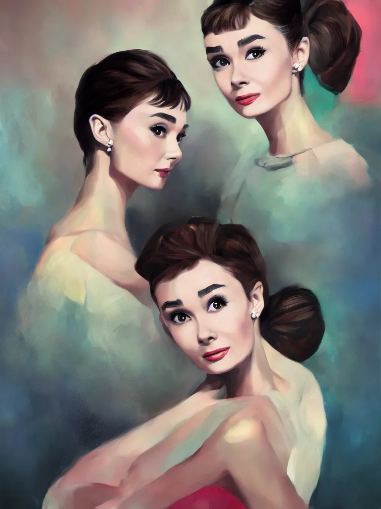 Image similar to a portrait of Audrey Hepburn, glamorous setting, vivid colors, soft lighting, atmospheric, cinematic, moody, in the style of Ross Tran, oil on canvas, 8k