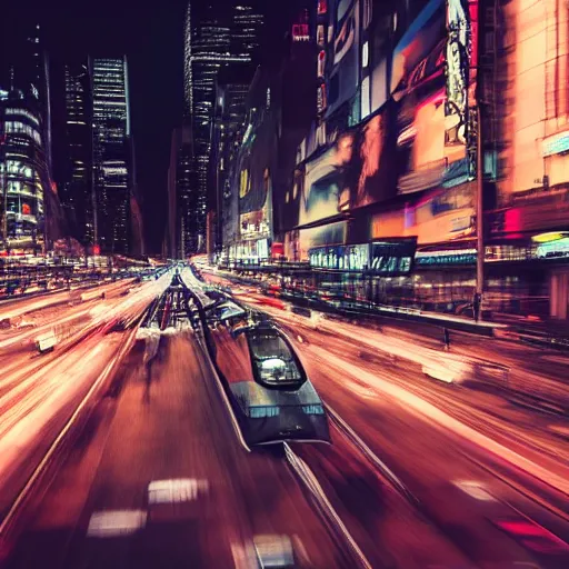 Image similar to futuristic train drives over busy street full of cars in nyc at night, still photo, cinematic lighting