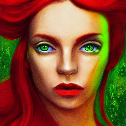 Prompt: portrait of a woman with long red hair and green eyes, flames swirl behind her