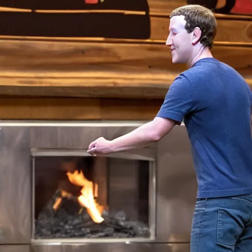 Prompt: mark zuckerberg throwing a circular wooden coaster into a fire