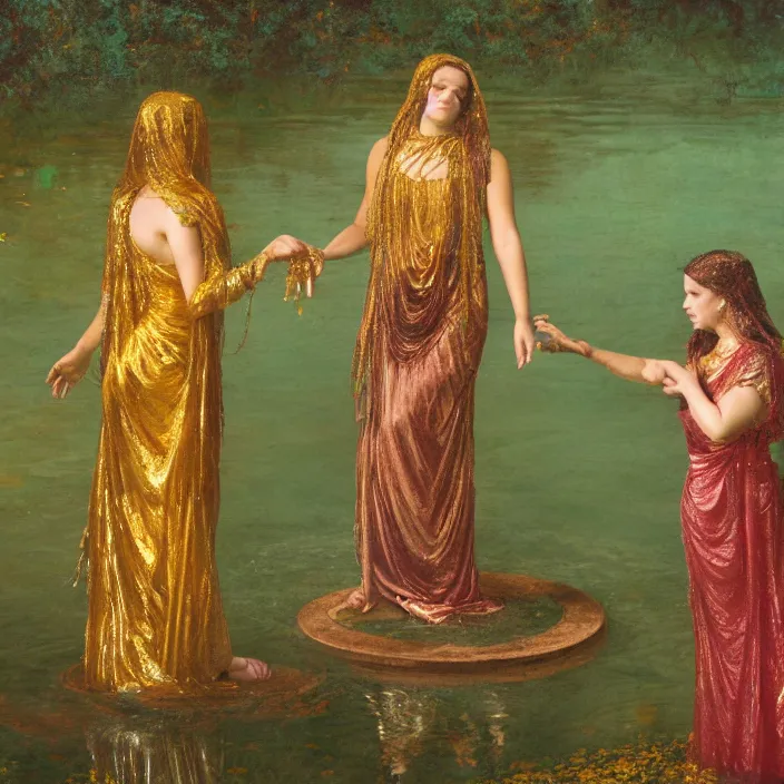 Prompt: a color photograph, closeup portrait of three women wrapped in gold, the three fates, standing next to a levitating turquoise orb, in a misty pond, color photograph, by vincent desiderio, canon eos c 3 0 0, ƒ 1. 8, 3 5 mm, 8 k, medium - format print