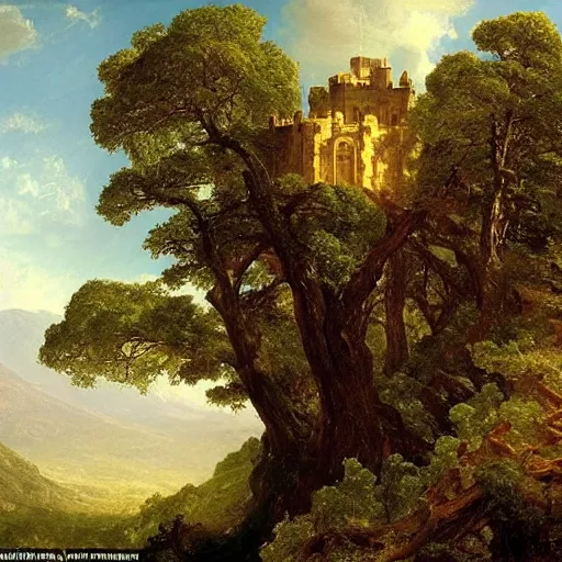 Image similar to A castle built upon a mountaintop, overlooking a large magical tree in the meadow, by Thomas Cole and Albert Bierstadt