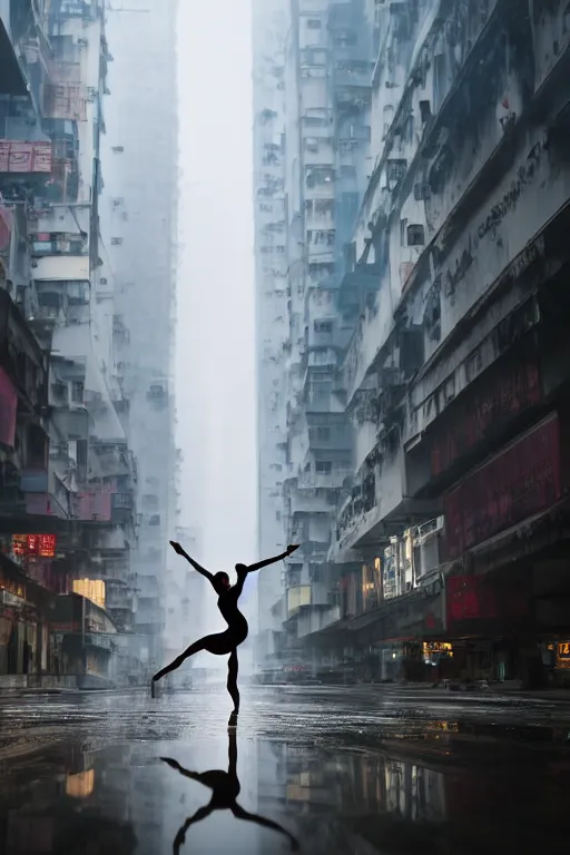 Image similar to a dynamic photograph of a ballet dancer in a wet, dystopic Hong Kong bladerunner street. Realism.