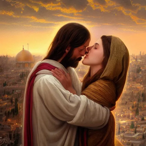 Image similar to jesus kissing a sensual woman in jerusalem, elegant, highly detailed, digital painting, artstation, concept art, matte, sharp focus, highly detailed, 4 k, hdr, smooth, sharp focus, high resolution, award - winning photo, photorealistic, art by artgerm and greg rutkowski and alphonse mucha, large shot