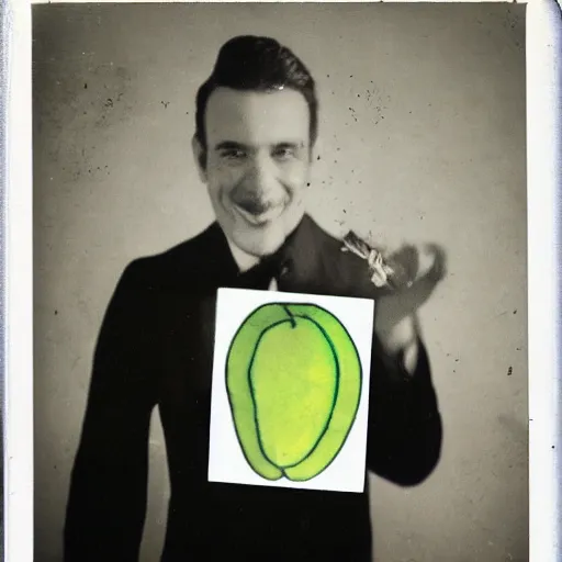 Prompt: a dapper man posing excitedly with a giant pickle Polaroid