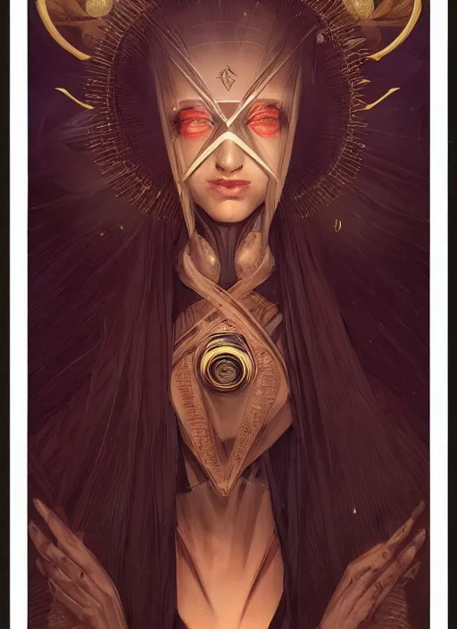 Image similar to tarot!!, high priestess, no noise, elegant, concept art, sharp focus, beautiful face!!, digital art, smooth defined outlines!!, human anatomy, human structure, vector background, dark fantasy, by Brom, trending on Artstation, Tom Bagshaw, Sargent