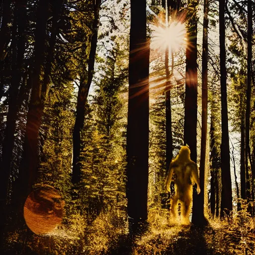 Prompt: photo of a Bigfoot in the forest, 50mm, golden hour, beautiful photo