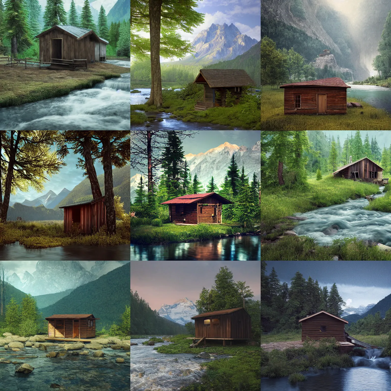 Prompt: a shack in the woods near a river, there is a bridge on river, two mountains in background, rivers flows from between mountains, realistic, oil painting, octane render