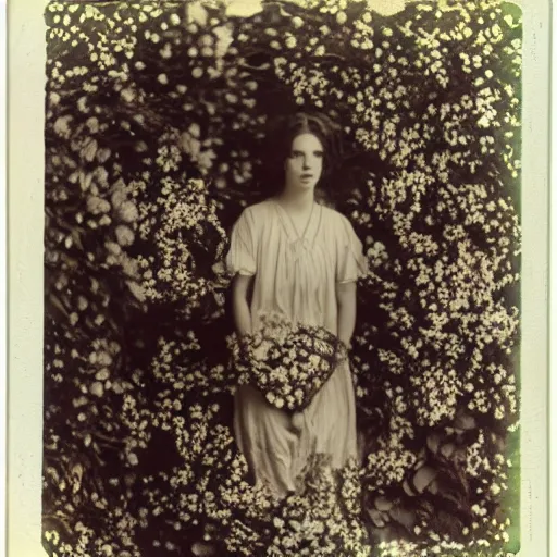 Prompt: portrait of a beautiful woman covered in flowers, Forest, ray gods, 1910 polaroid photography -9