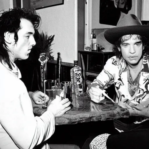 Prompt: stevie ray vaughan having a drink with john mayer in a tabern, real picture