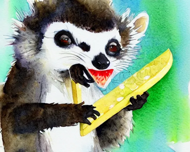 Prompt: a bright happy bill waterson watercolour of a lemur eating a watermellon popsicle