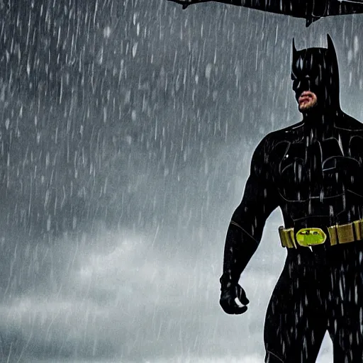 Image similar to Dwayne Johnson as Spiderbatman , under rain, dramatic, sad ambience, an film still