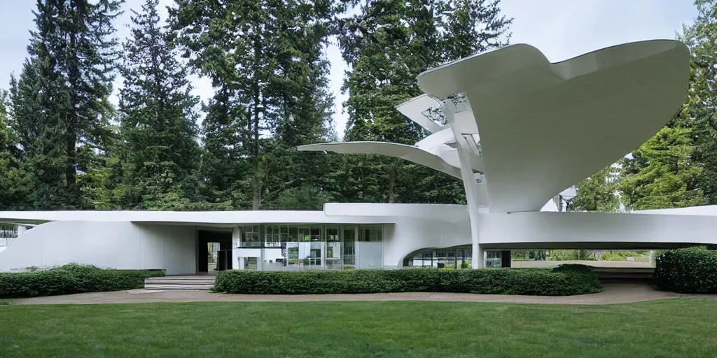 Prompt: residence in the style of seattle's pacific science center, high symmetrical crisscrossing white arches, designed by minoru yamasaki