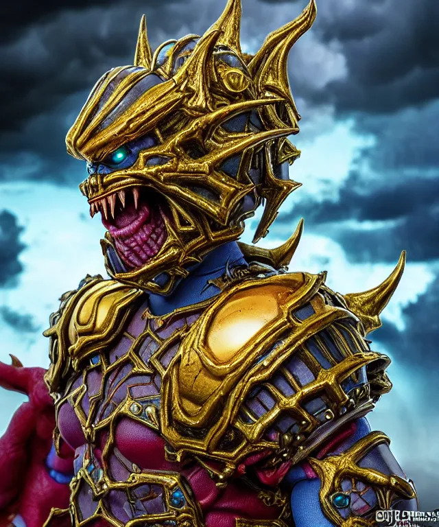 Image similar to hyperrealistic rendering, epic boss battle, ornate supreme demon overlord, jewel crown, battle armor, by art of skinner and richard corben and jeff easley, product photography, action figure, sofubi, storm clouds, outside, lightning
