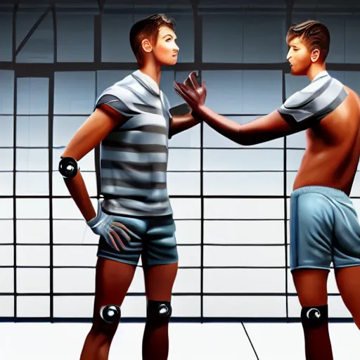 Image similar to a realistic detailed photo of a guy who is an attractive humanoid who is half robot and half humanoid, who is a male android, attractive and handsome soccer players, shiny skin, posing like a statue, blank stare, in a factory, on display, showing off his muscles, wearing soccer shorts, side view, looking at each other mindlessly