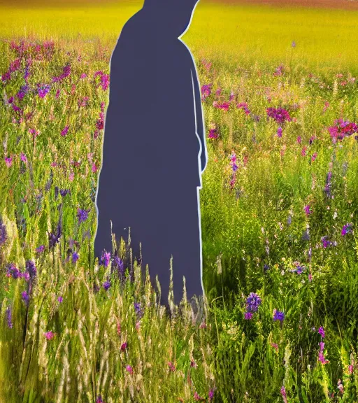 Prompt: tall hooded shadow person figure standing in beautiful meadow of flowers, disney animated, grainy, high detail, high resolution
