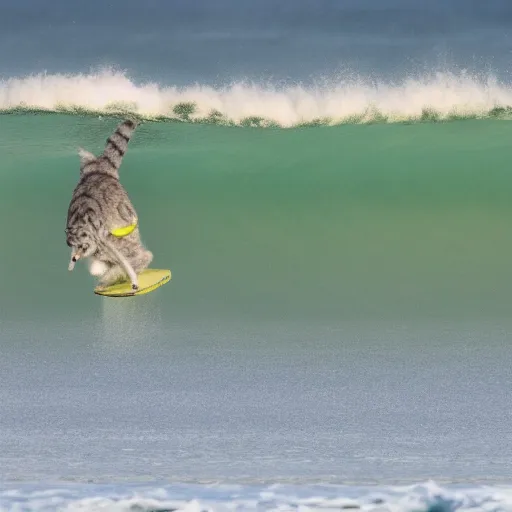 Prompt: a grey tabby cat surfing on a million fish
