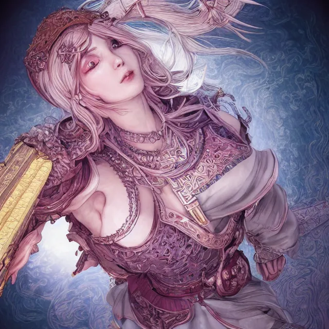 Image similar to the portrait of neutral good colorful female cleric bard as absurdly beautiful, gorgeous, elegant, skinny young gravure idol, an ultrafine hyperdetailed illustration by kim jung gi, irakli nadar, intricate linework, sharp focus, bright colors, octopath traveler, final fantasy, unreal engine 5 highly rendered, global illumination, radiant light, detailed and intricate environment