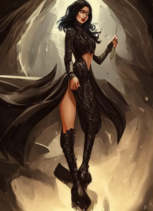 Image similar to a black haired woman in a leather jacket, muscular upper body, abs, d & d, fantasy, intricate, elegant, highly detailed, digital painting, artstation, concept art, smooth, sharp focus, illustration, art by cyril rolando