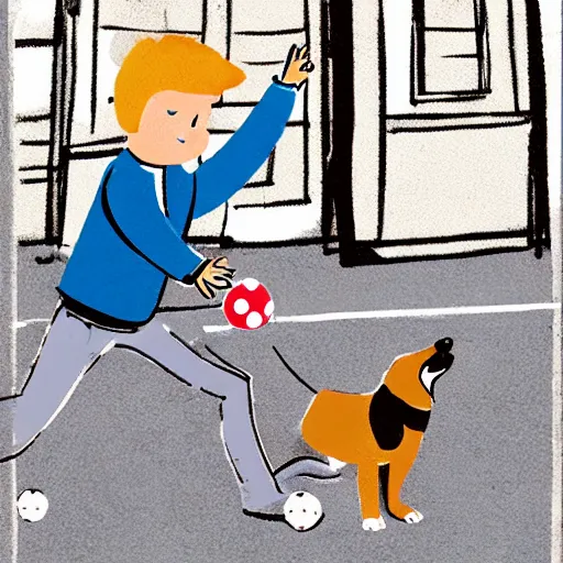 Image similar to illustration of boy playing football with his dog on the streets of paris, his dog dog is a corgi that wears a polkadot scarf