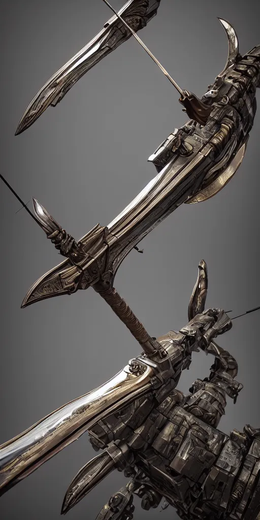 Image similar to a beautiful delicate huge mega bow and arrow weapon, solid background, electron flow, android, mechanical, metal, weapon design, fine texture structure, hyper detailed, perfect shadows, atmospheric lighting, 3 d render, in the style of pascal blanche and sparth juan zigor samaniego, paul pepera pablo roldan, displayed in the exhibition hall, 4 k hd